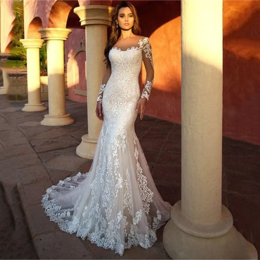 Luxury Mermaid Wedding Dress 2024 Women Long Sleeve Lace White Illusion Back Scalloped Bridal Gown Sweep Train Vestidos De Novia