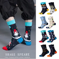 1Pair Funny Ins Astronaut Airplane Heavenly Body Middle Tube Men Happy Socks Streetwear Cotton Male Skateboard Boys Adult Sox