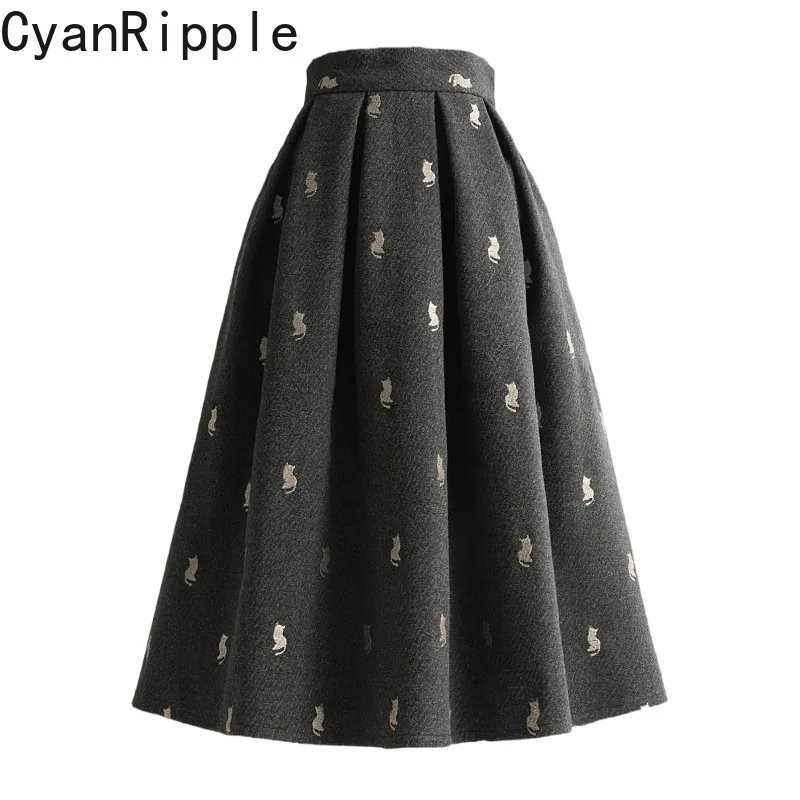 2026 New Autumn Winter Preppy Style Dark Gray Woolen Skirt Elegant High Waist Embroidery All-match Mid-length Women A-line Skirt
