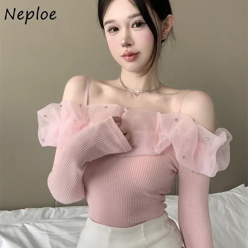 Neploe Sweet Slash Neck Mesh Camisole T-shirt for Women Sexy Off Shoulder Slim Fit Tops Mujer 2024 New Long Sleeve Tee Shirt