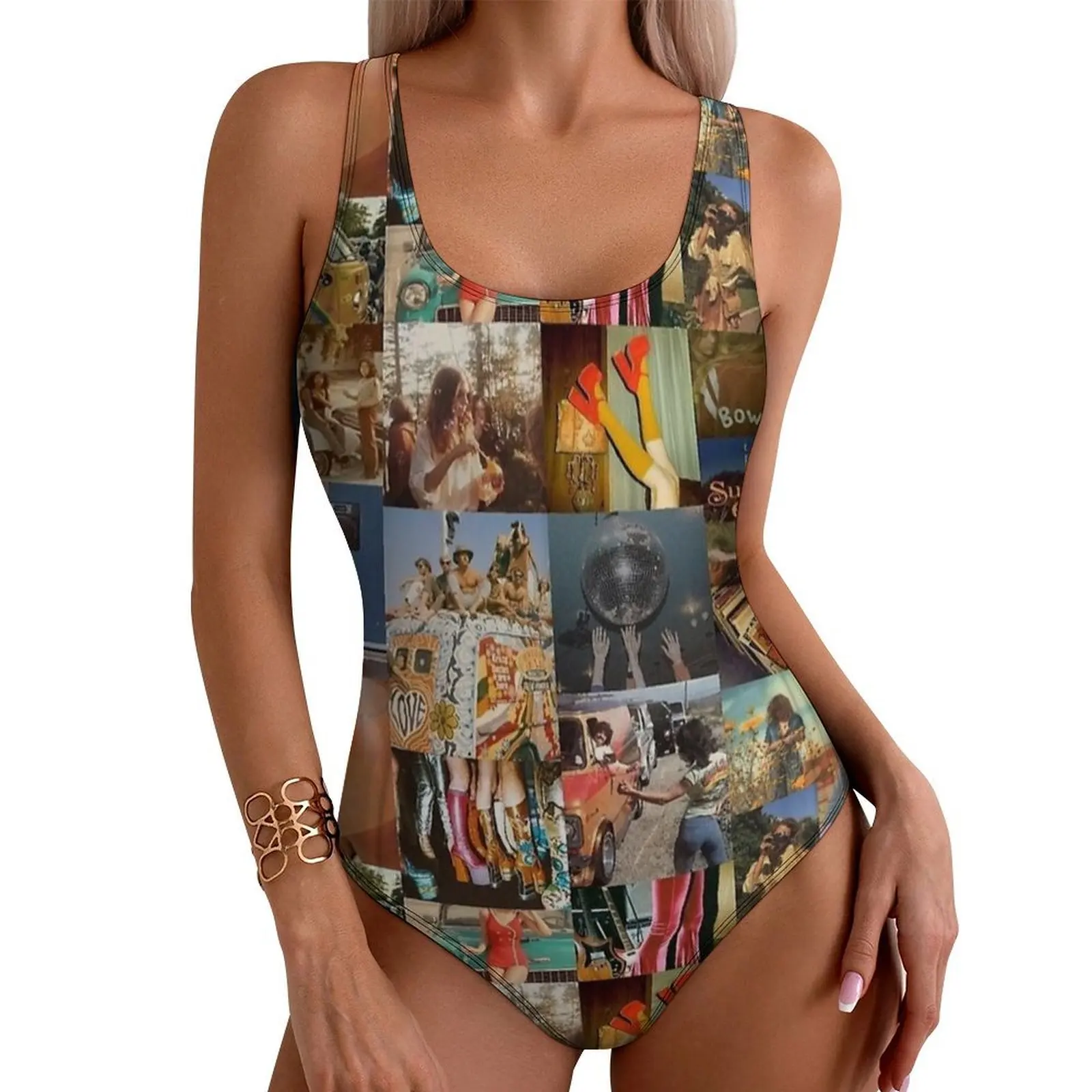 Vintage 70s Aesthetic Collage Swimsuit Push Up Swimwear One-Piece Vacation Bath Bathing Suit Bodysuit Sexy Graphic Beach Outfits