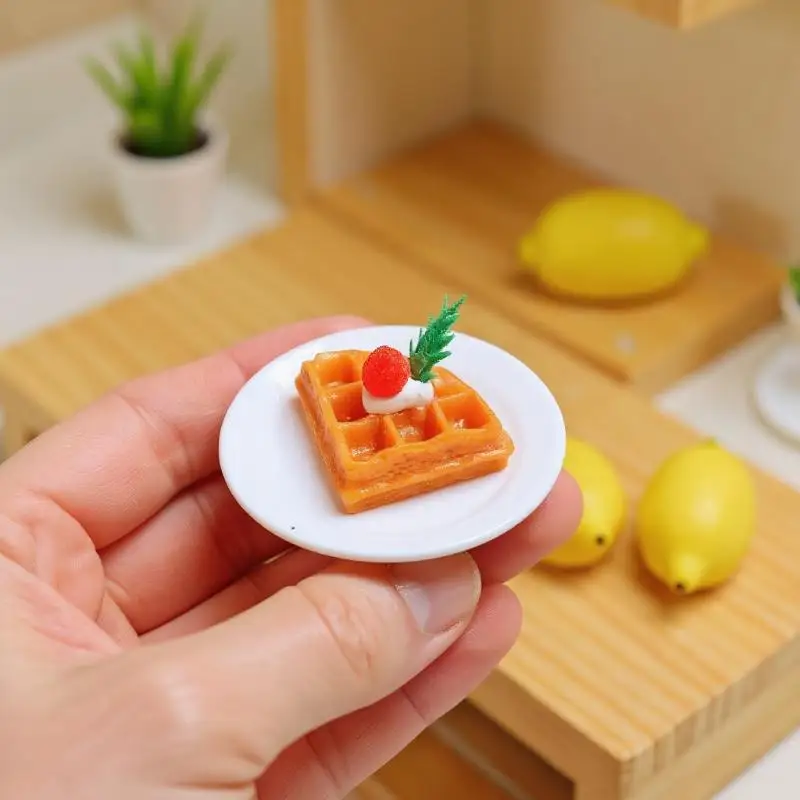 ドールハウス用ごっこ遊びデラックス4点セット - ミニ手作りキッチンワッフルミルクフードおもちゃとシーン小道具付き