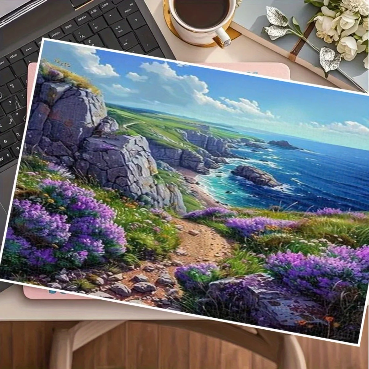จิ๊กซอว์ภาพศิลปะแนวธรรมชาติสำหรับผู้ใหญ่ ลายหน้าผาชายทะเลพร้อมดอกไม้สีม่วง เกมเสริมสร้างสติปัญญา ของเล่นตกแต่งบ้านเพื่อการพักผ่อน