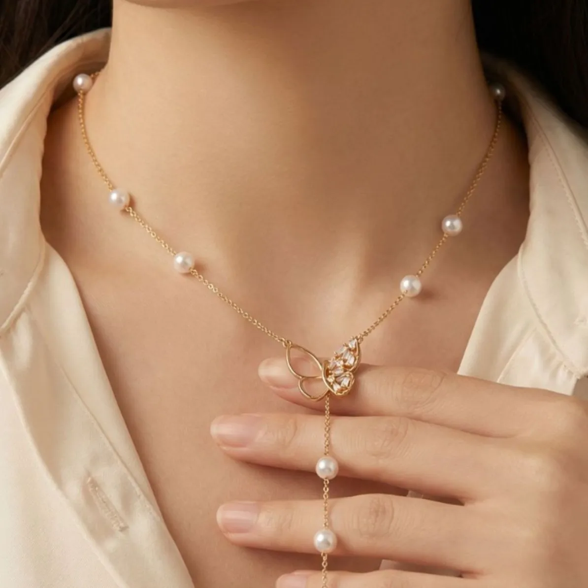 Natural Fritillary Butterfly Pearl Necklace Light Luxury Fashion High Sense Necklace Sweet