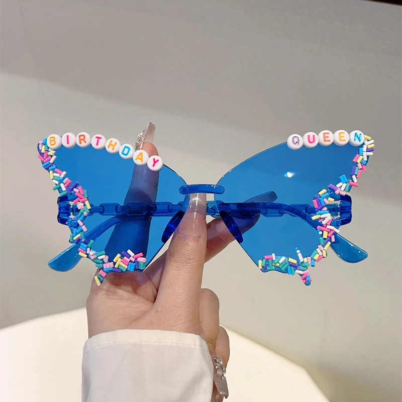 KAMMPT Schmetterlingsförmige Sonnenbrille mit Streuseln, Damenmode, Geburtstagsgeschenk, Dekor, Schattierungen, trendige, originelle, handgefertigte Sonnenbrille