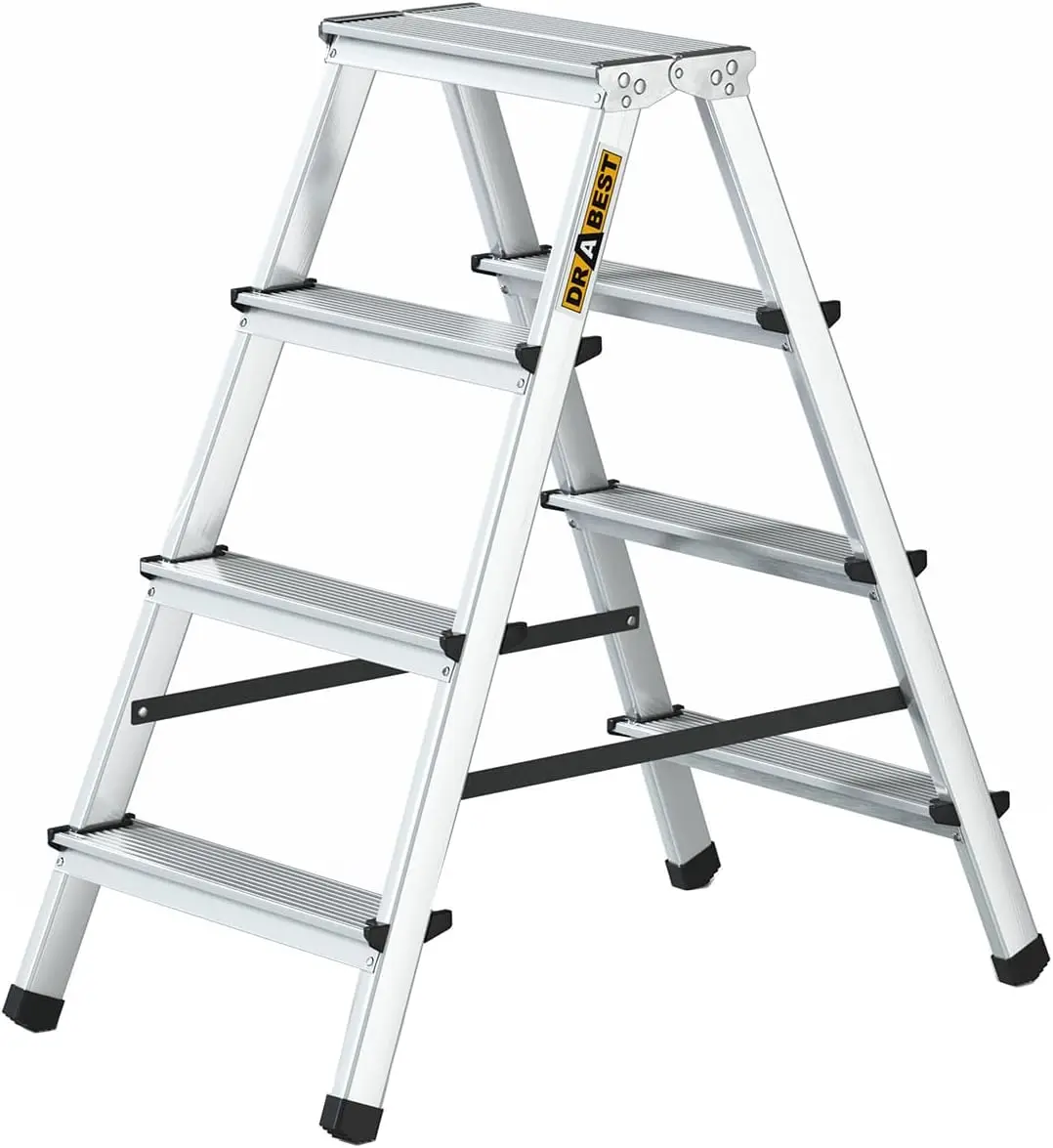 Doppelseitige Aluminiumleiter, 4 Stufen, 125 kg Fassungsvermögen, Scherenleiter, Arbeitsplattform, 44 x 86,5 x 16 cm