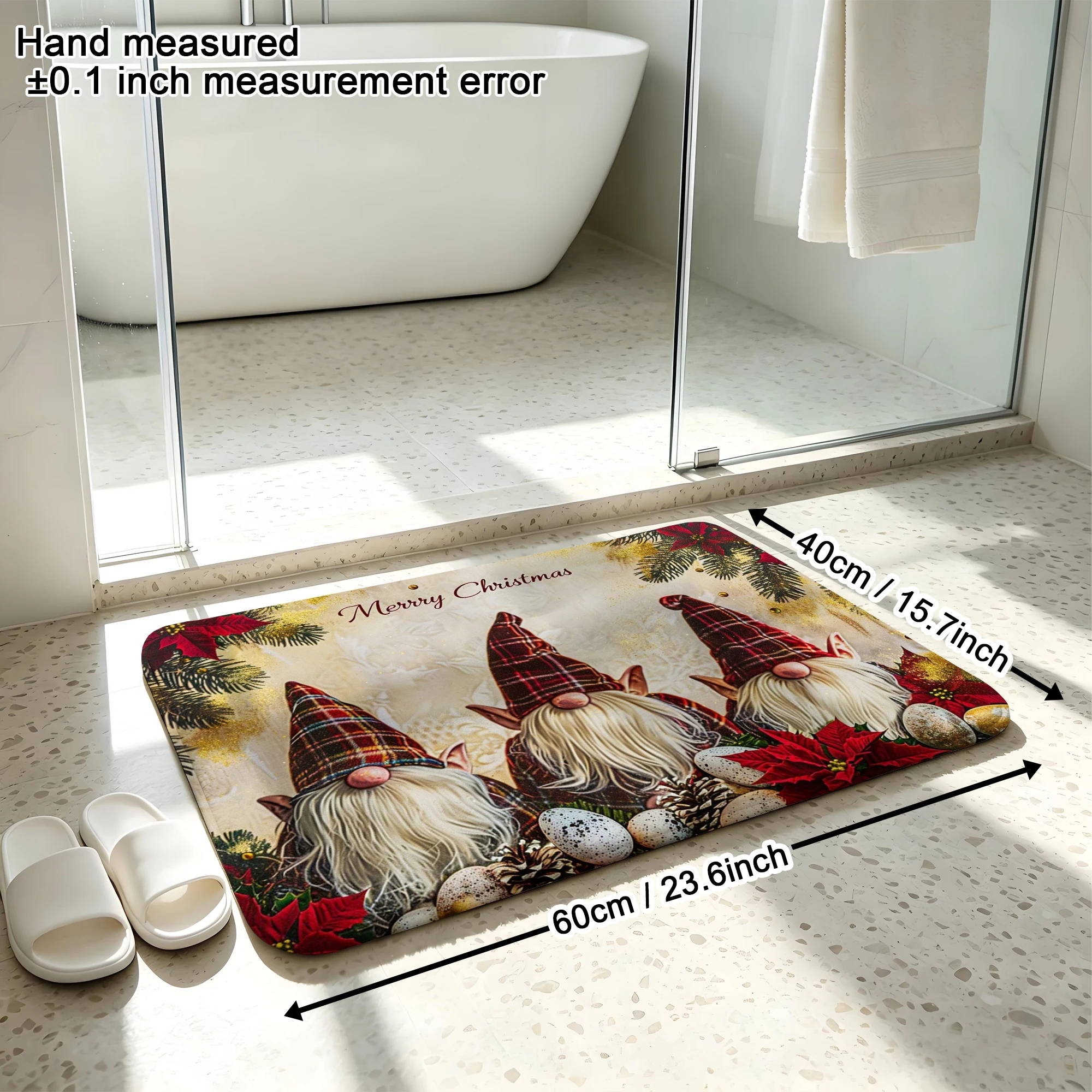 Plaid Gnome Poinsettia Pine Cone Print Plush Absorbent Sponge Mat,Bathroom Non‑Slip Mat & Decorative Door Mat