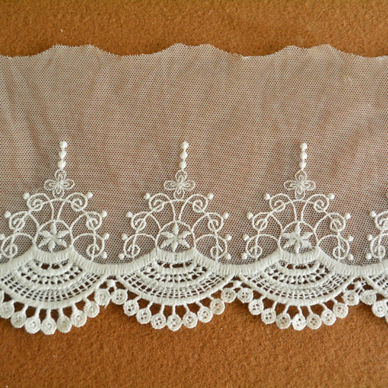 Beautiful Cotton Mesh Lace Fabric, Embroidered Lace Trim, Black, Off-White, Width 12cm, 5Yds per Lot