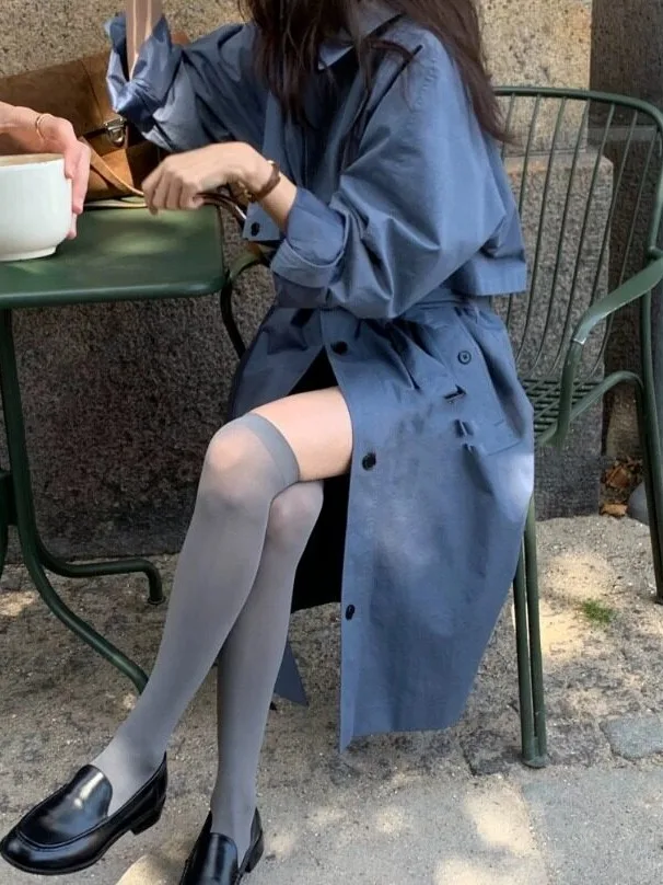 Dongdaemun High Intelligence Sense Korean Style Women's Mid-Length Coat Blue Windbreaker Autumn Season Fashion Outerwear