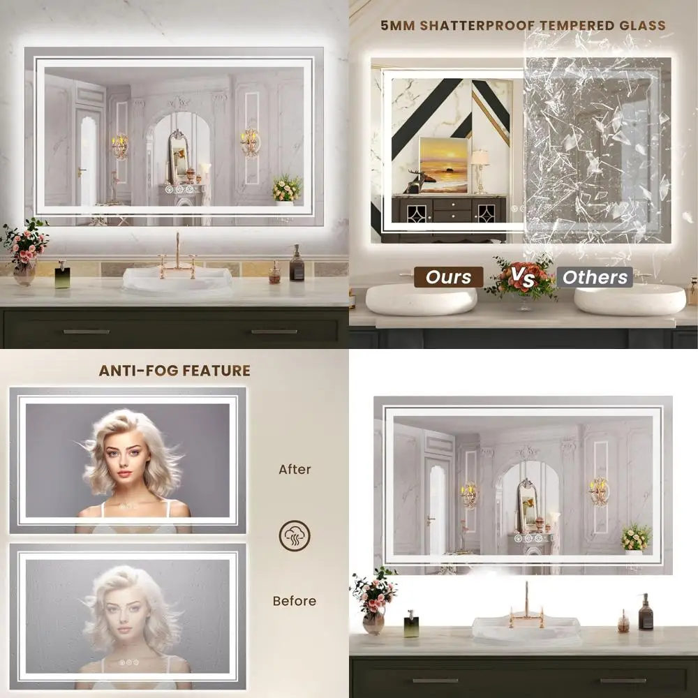 

40x24 LED-Illuminated Bathroom Mirror with Anti-Fog, 3 Front Lights, and Memory Dimmable Feature