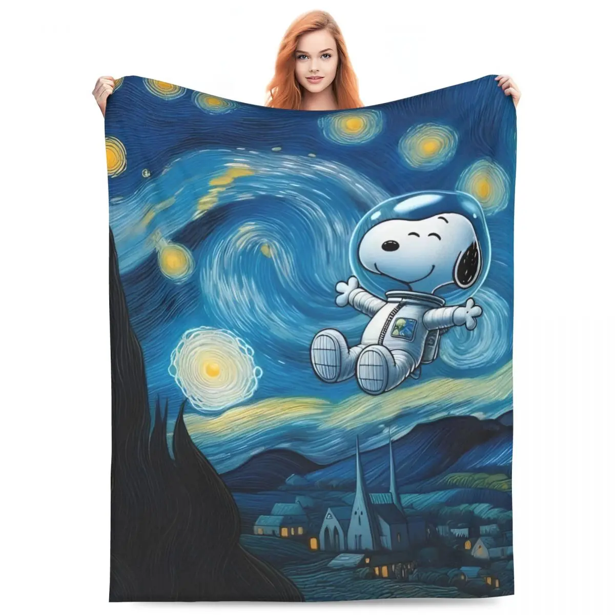 Snoopy Starry Night Pop Art Flannel Blanket Winter Warm Soft Throw Blanket for Children Bedroom Graphic Bedspread Sofa Bed Cover