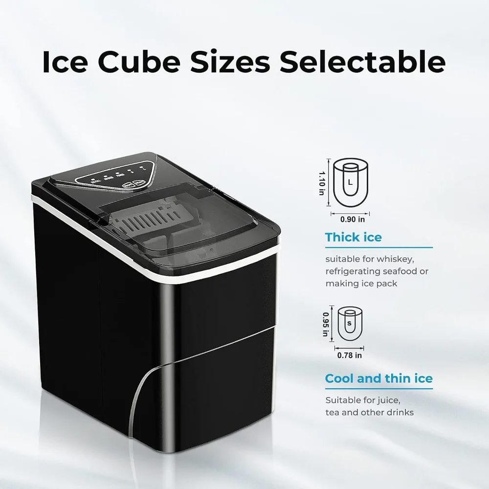 Ice Maker portátil com auto-limpeza, máquina de gelo com gelo sacos e cesta da colher, 9 cubos em 6 minutos, 26lbs 24h