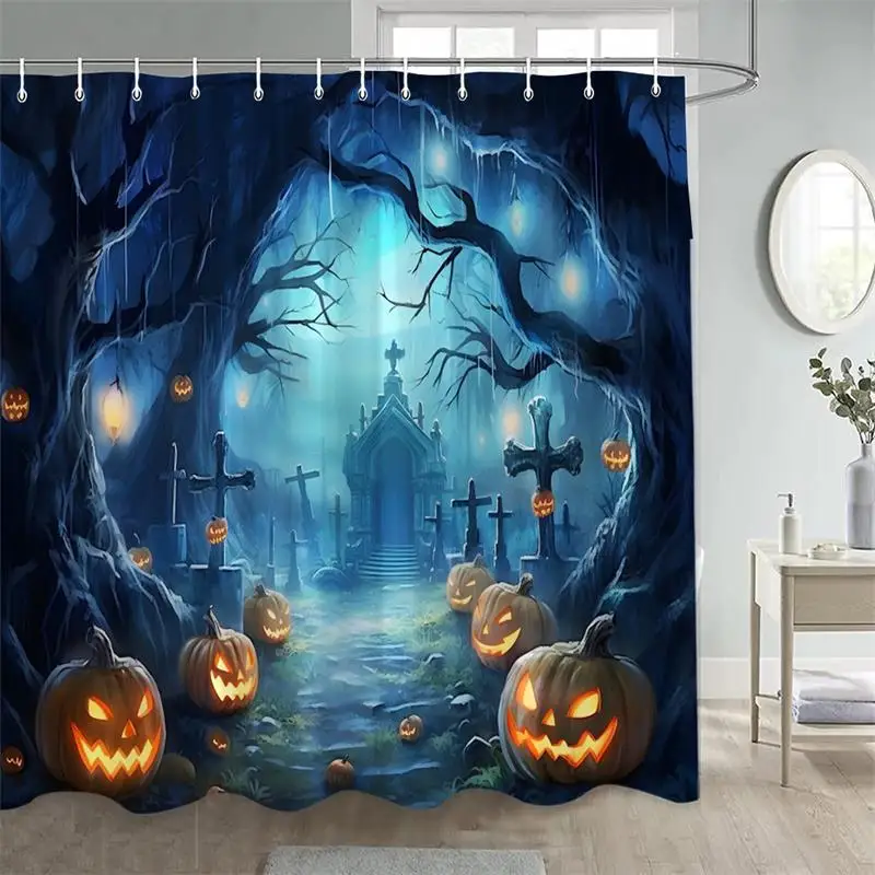 Horror Halloween Shower Curtain Forest Pumpkin Tombstone Bat Night Landscape Home Wall Hanging Bathroom Curtain Decor With Hooks