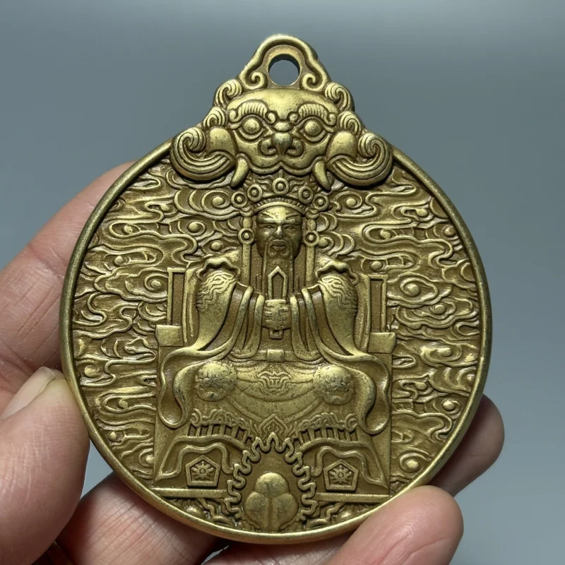 Brass relief pendant featuring the Taoist Three Clarity Buddha and tiger head, used as a talisman for home protection, wealth at