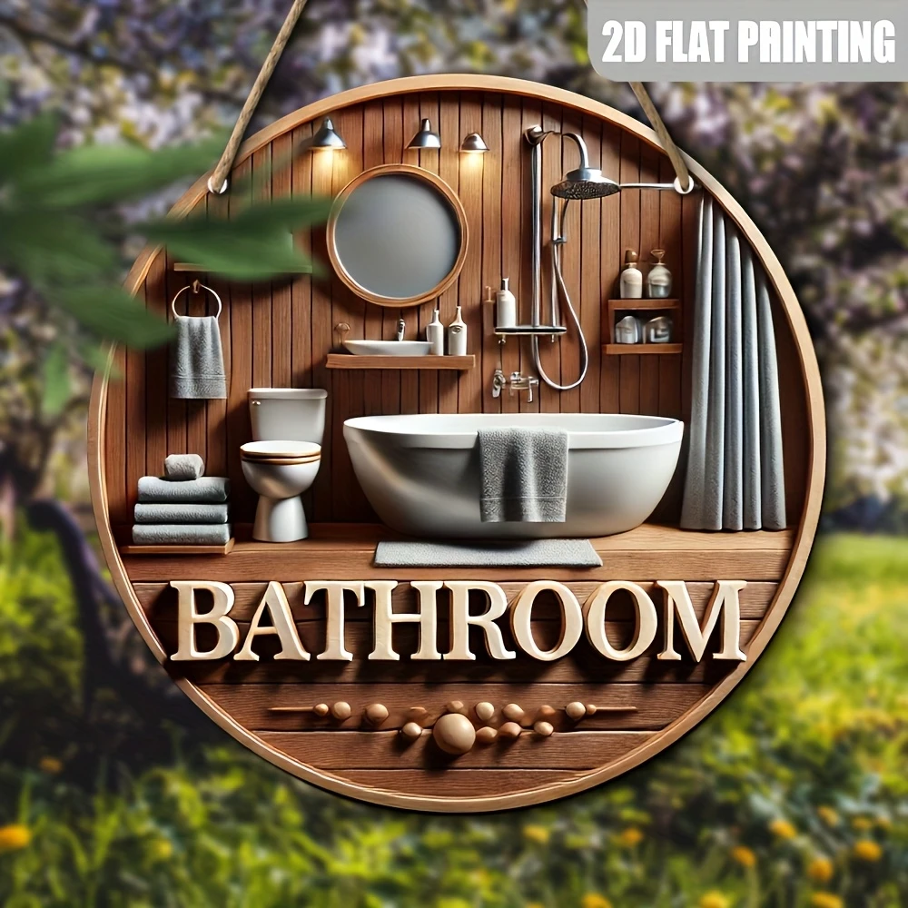 2D 8in جولة لافتة خشبية المرحاض ديكورا الحمام مطعم مقهى مركز تسوق بار - الخشب الحبوب تصميم موجه المجلس