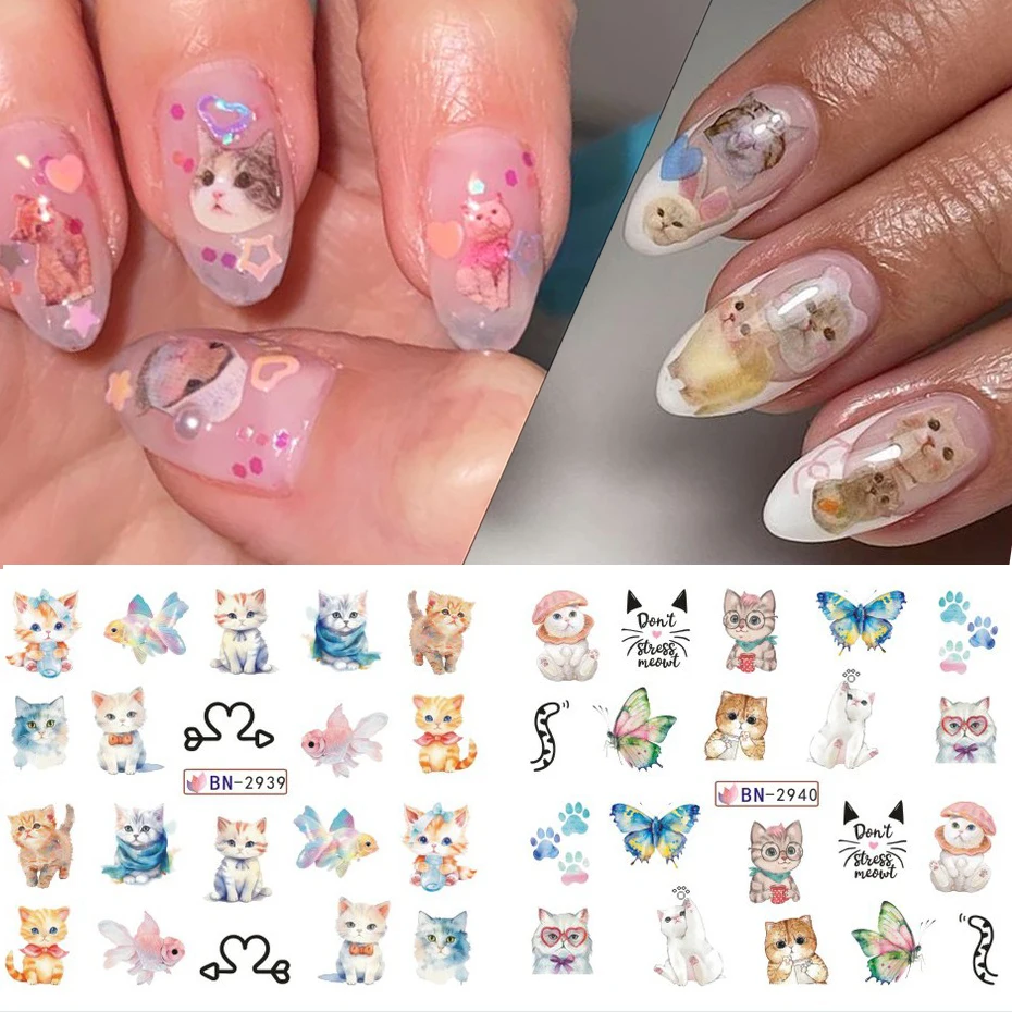 12 sztuk słodki kociak paznokci naklejka wodna Kawaii Anime akwarela projekt folia na naklejki do paznokci Cartoon znak wodny Transfer Manicure suwak — zdjęcie 6