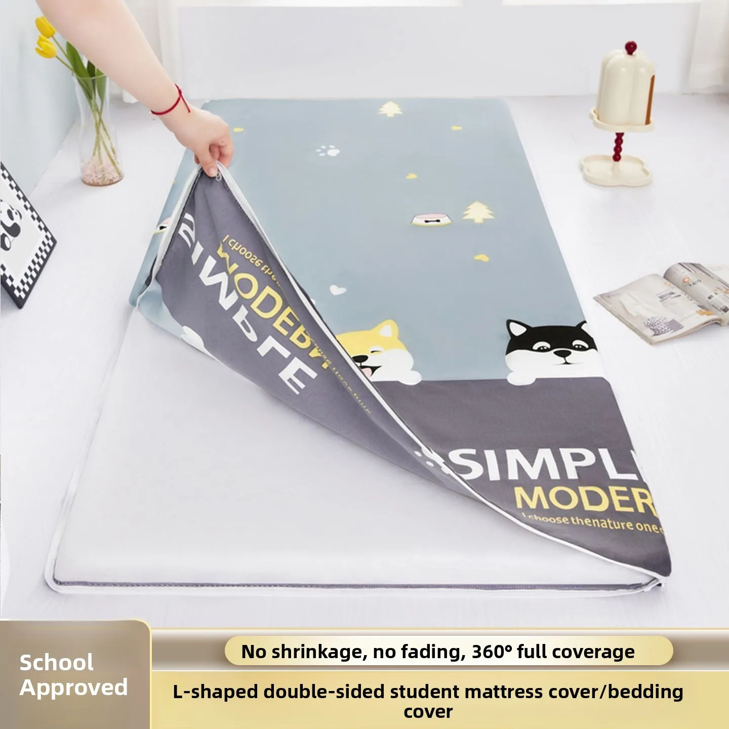 Full Wrap Mattress Cover Zipper L-Shaped Dormitory Bedding Student Single Pad Cover Protector Breathable Non-Slip Polyester