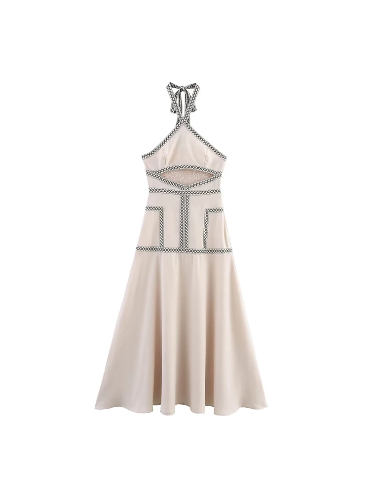 

European and American style summer new hollow design halter neck holiday style simple fashion suspender dress for women