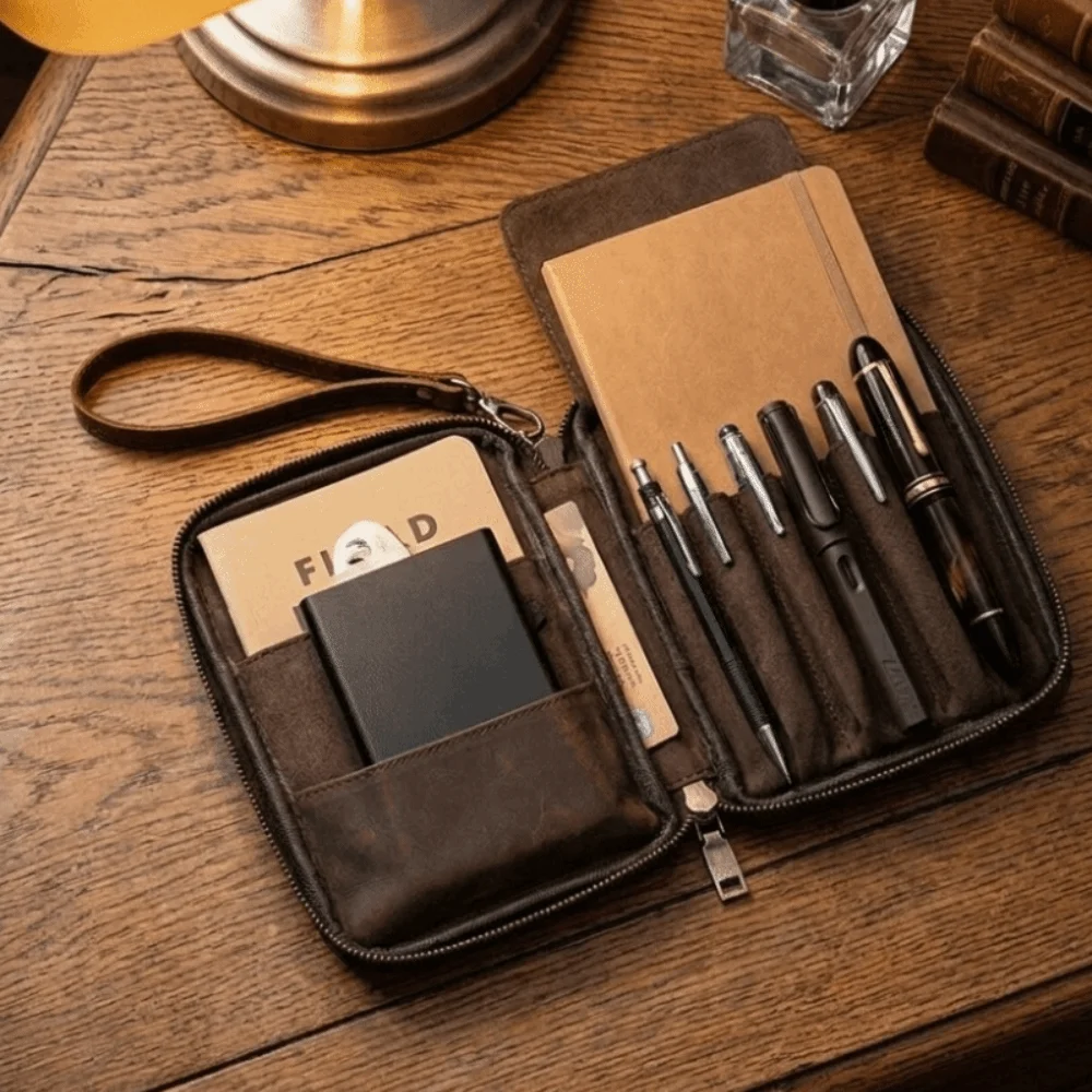 School Supplies Genuine Leather Pen Case Vintage Portable Stationery Case Multi-functional with Zipper Pen Bag Student