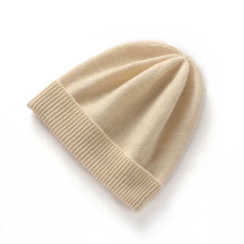 High Quality Pure Cashmere Hat Men Women Autumn Winter Warm Knit Curled Cold Wool Cap Male Casual Classic Solid Beanie Couple