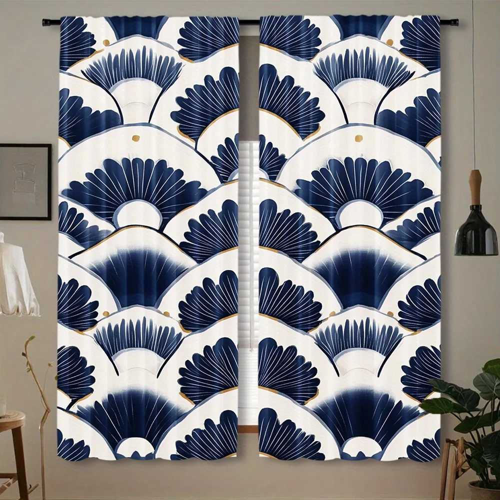Japanese Fan Pattern Rod Pocket Curtain Navy Blue White Ginkgo Fan Gold Line Elegant Print Decor Living Room Tea Room Apartment