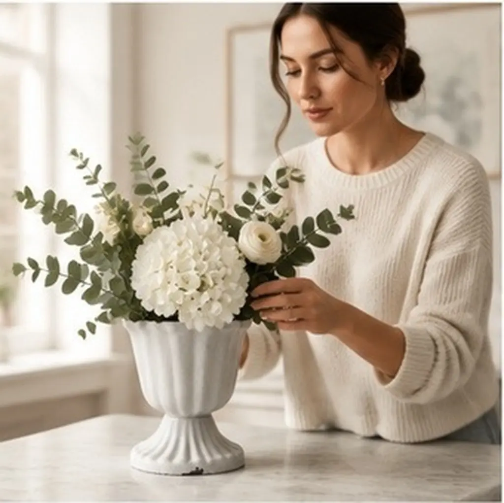 1Pcs White Iron Flower Vase for Indoor Outdoor Use Weather Resistant Frost Crack Fade Proof Plant Pot Flower Arrangement Holder