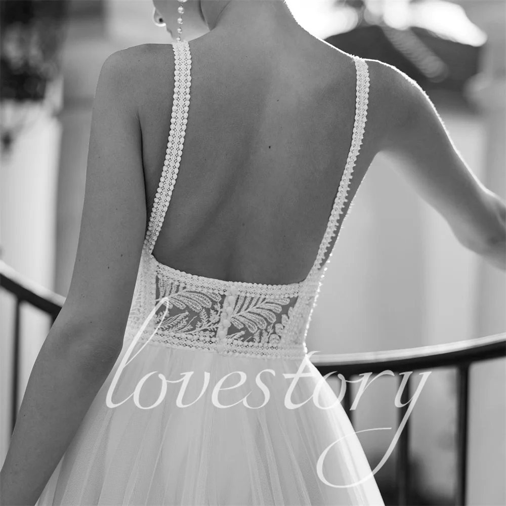 Elegant Floor Length Wedding Dresses Tulle Lace Appliques Backless  Wedding Gown High Slit Bride Gowns For Wedding