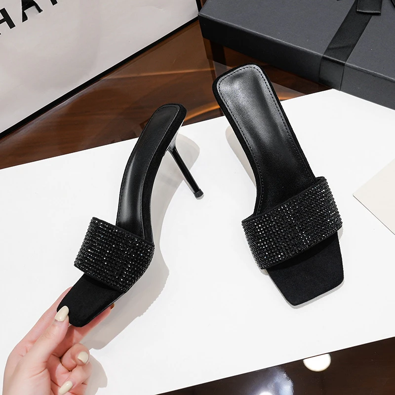 

Summer Square Head Black Rhinestone with Sandals Stiletto High Heel Sandals Women