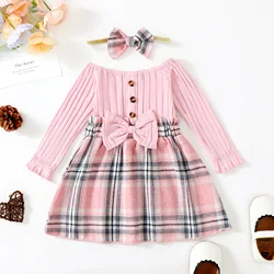 2PCS Baby Girls clothing Cute Plaid Pattern Dress &Bow Headband Set Autumn Winter Baby Girl Outfit  As Gift For Party