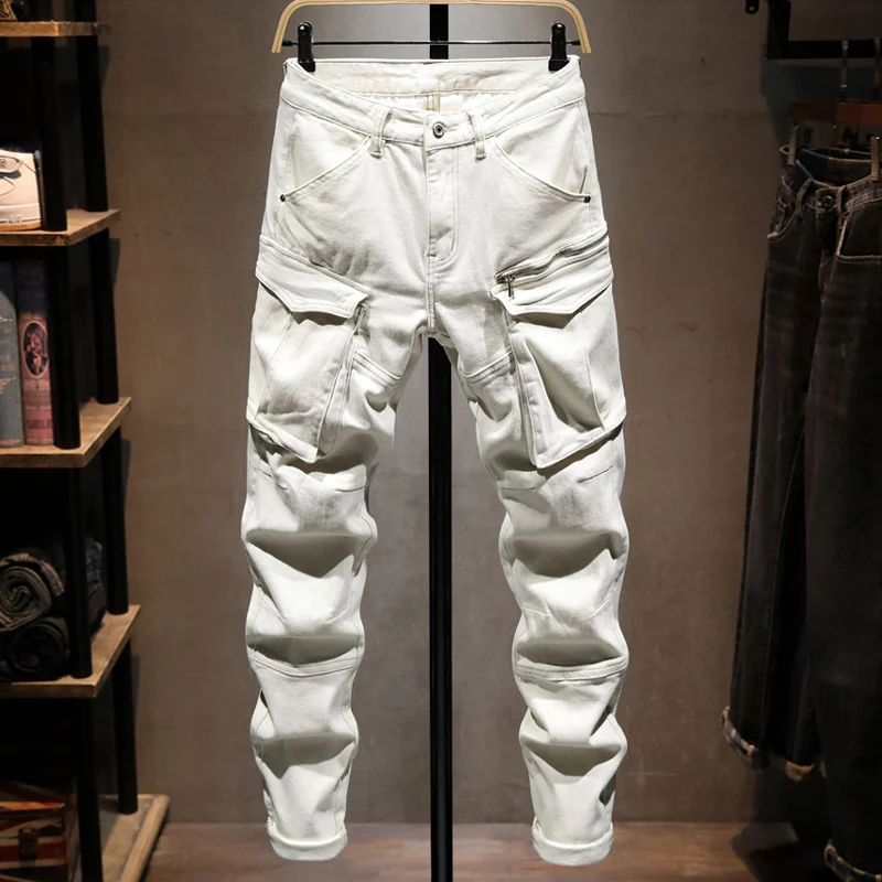 Men Jeans White Vintage Washed Cargo Denim Pants Big Side Flap Pockets Stitching Detail Elastic Slim Streetwear Men Jeans hombre