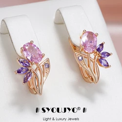 SYOUJYO Purple Natural Zircon Flower Drop Earrings For Women Trendy Jewelry 585 Rose Gold Color Bride Wedding Earrings
