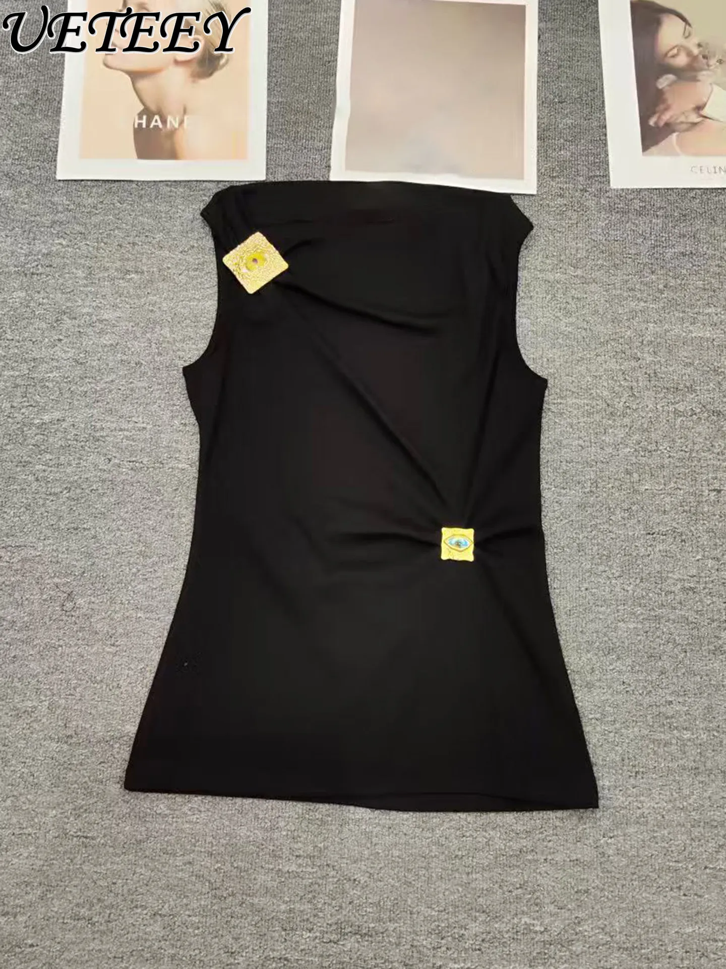 

Французский стиль: универсальный утягивающий топ без рукавов, летняя новинка, асимметричный дизайн, металлическая пряжка, нишевый жилет-майка