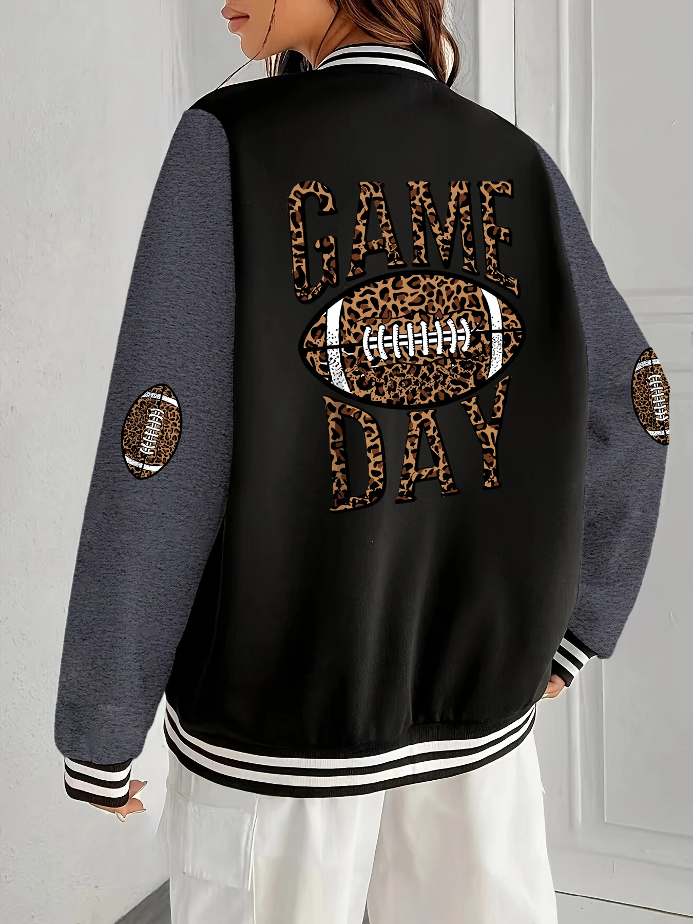 

Женские куртки Game Day с леопардовым принтом в стиле регби, свободная спортивная одежда в стиле хип-хоп, теплая спортивная куртка, дышащая утолщенная бейсбольная майка