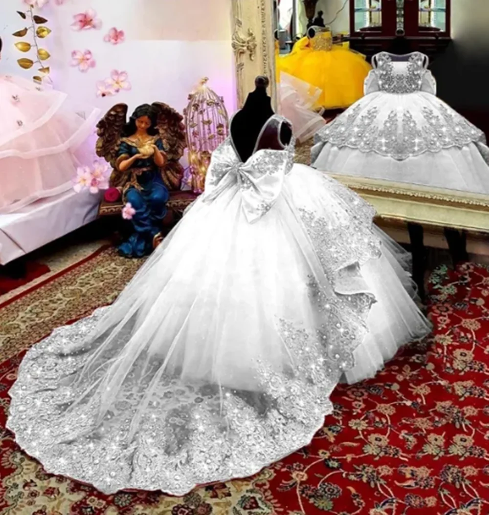 Abito da ragazza di fiori per bretelle da sposa con fiocco abito da ballo in raso per bambini compleanno prima comunione vestito da festa