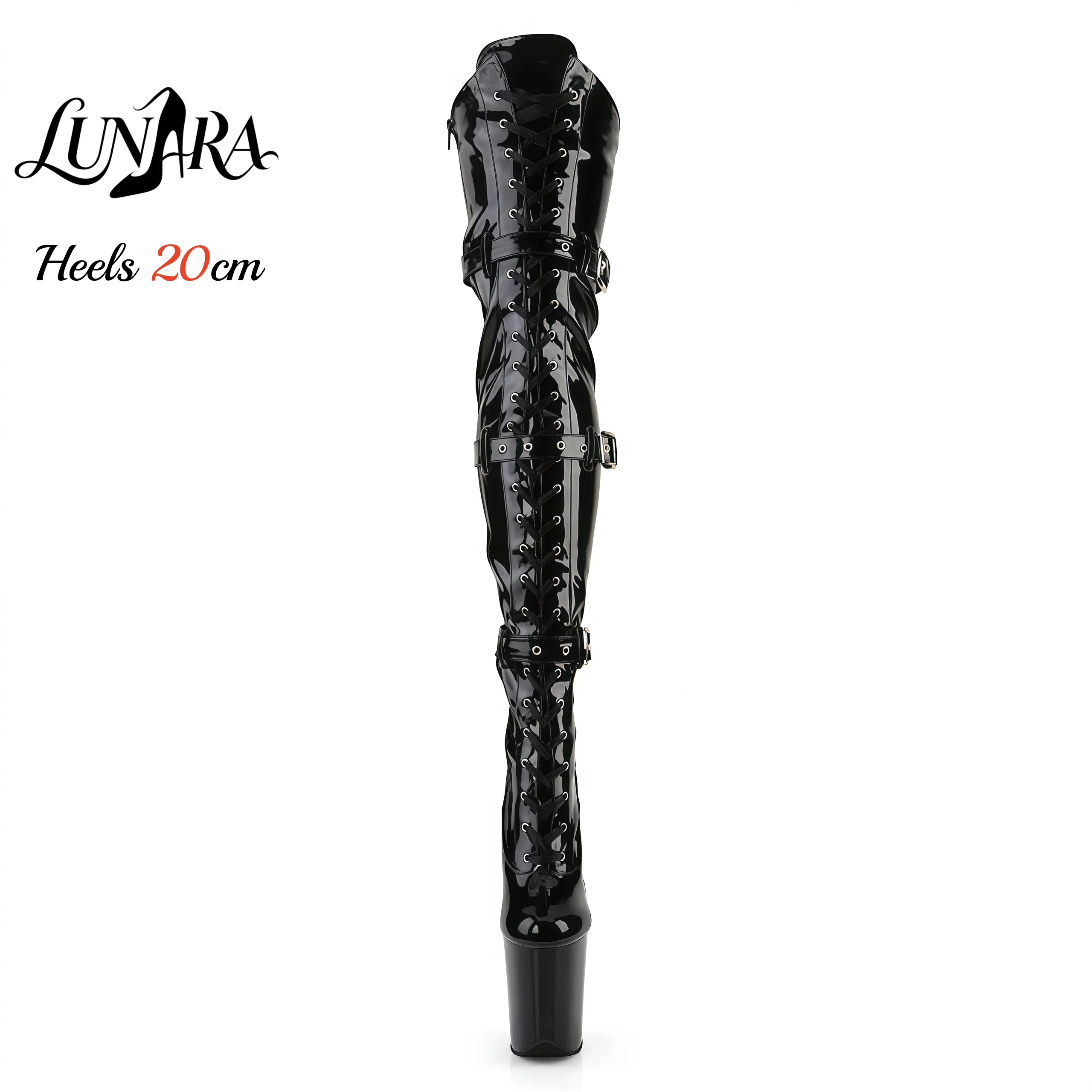 20cm Black Gothic Over-the-Knee Platform Boots Stiletto Buckle Pole Dance Shoes Large Size Sexy Exotic Nightclub Stage