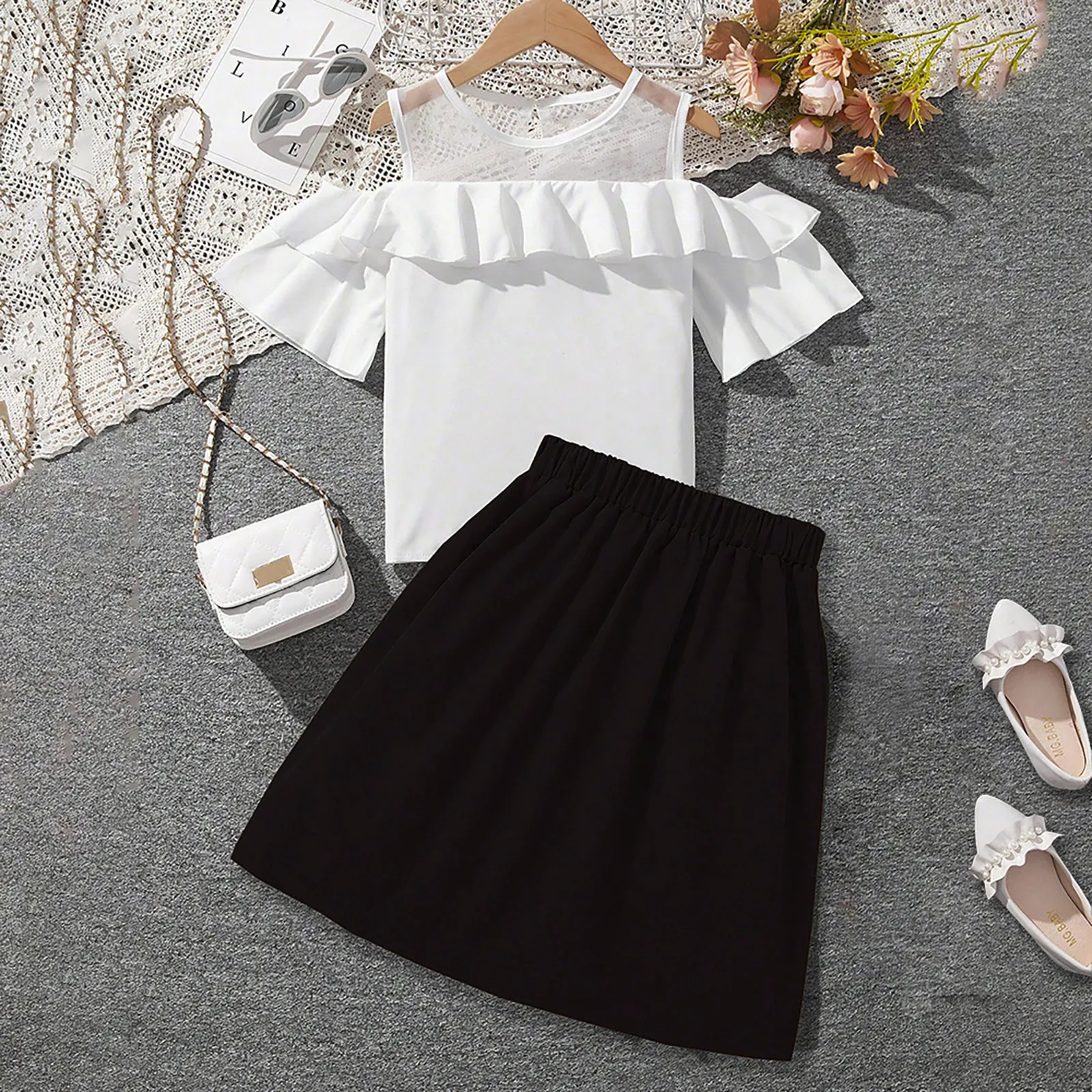 7-11 Years Girls Lace Off The Shoulder Tops +Blouse Solid Color Button Irregular Skirt Suit Two-Pieces Fashion Girls Outfits Set