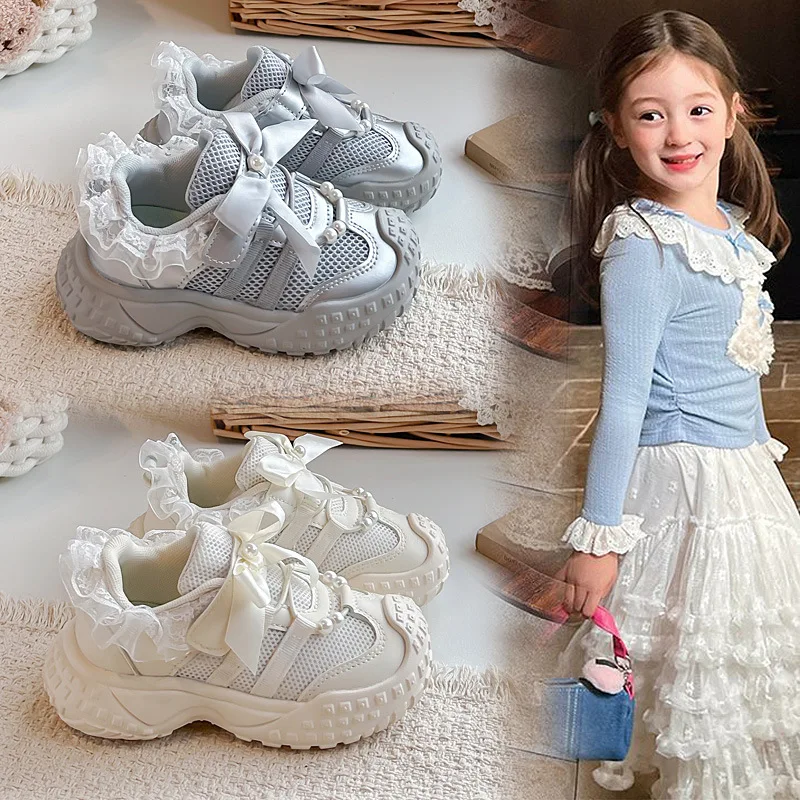 Girls Little Princess Lace Sports Shoes Thick Sole Wear-resistant Mesh Breathable Convenient Soft Sole Kids Casual Sneaker