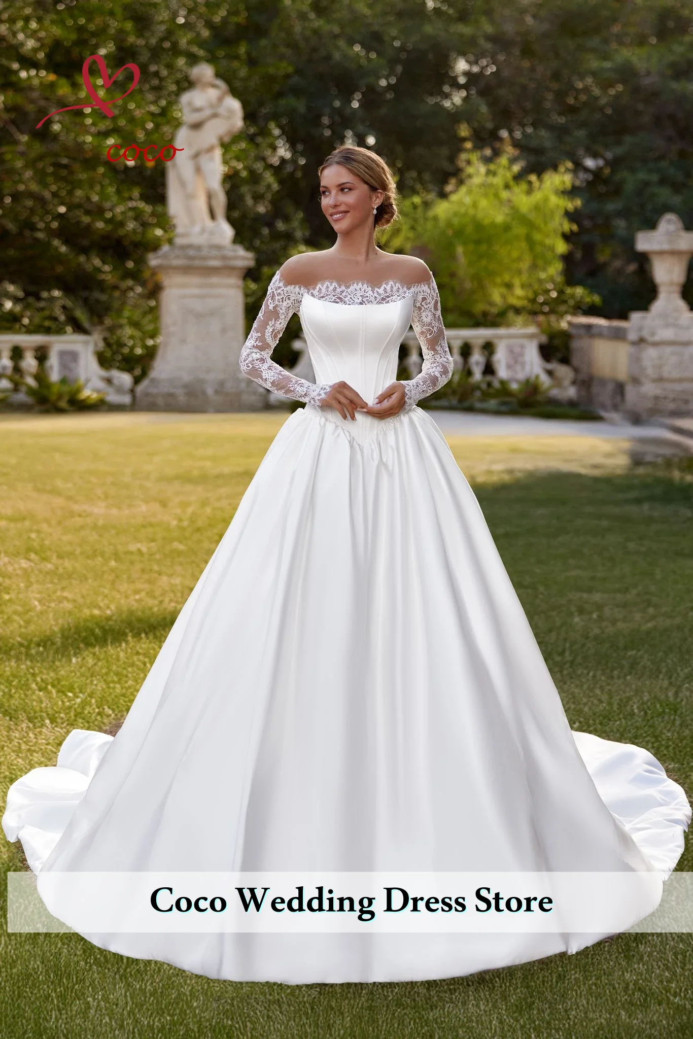 Customized Graceful Dreamy Oneck Lace Long Sleeve Wedding Dress Elegant Modest A-line Satin Bridal Gown New Dresses For Bride