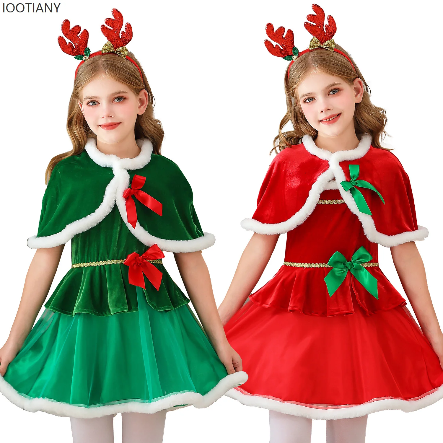 

Christmas Children's Girl Cape Shawl Santa Claus Christmas Party Dress Skirt Christmas Tree Christmas Elf Sweet Lace Bow Dress