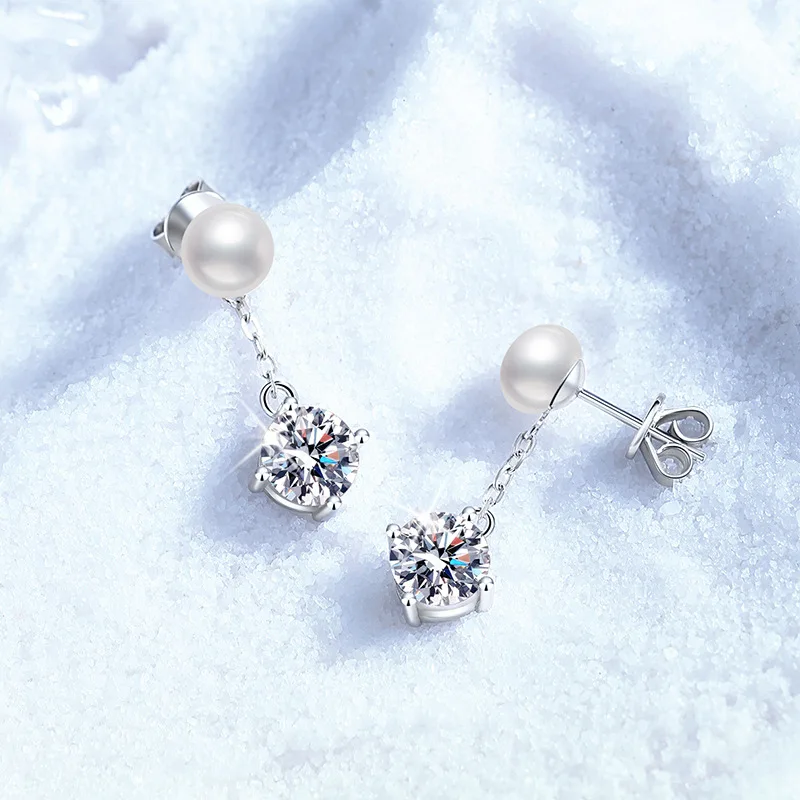 

Platinum PT950 18K Gold Genuine Natural Freshwater Pearl Classic Six Claw Earrings 1 Carat Moissanite Light Luxury Earrings