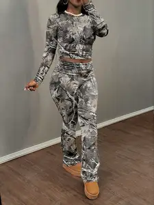 Women Clean Girl Round Neck Long Sleeve T-Shirt & Pants Casual Set, Spring