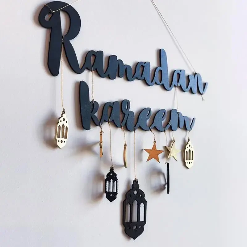 Ramadan Kareem Decor Moon Star Hanging Pendant Wooden Craft Eid Mubarak Ramadan Decoration for Home Door Plaque Sign