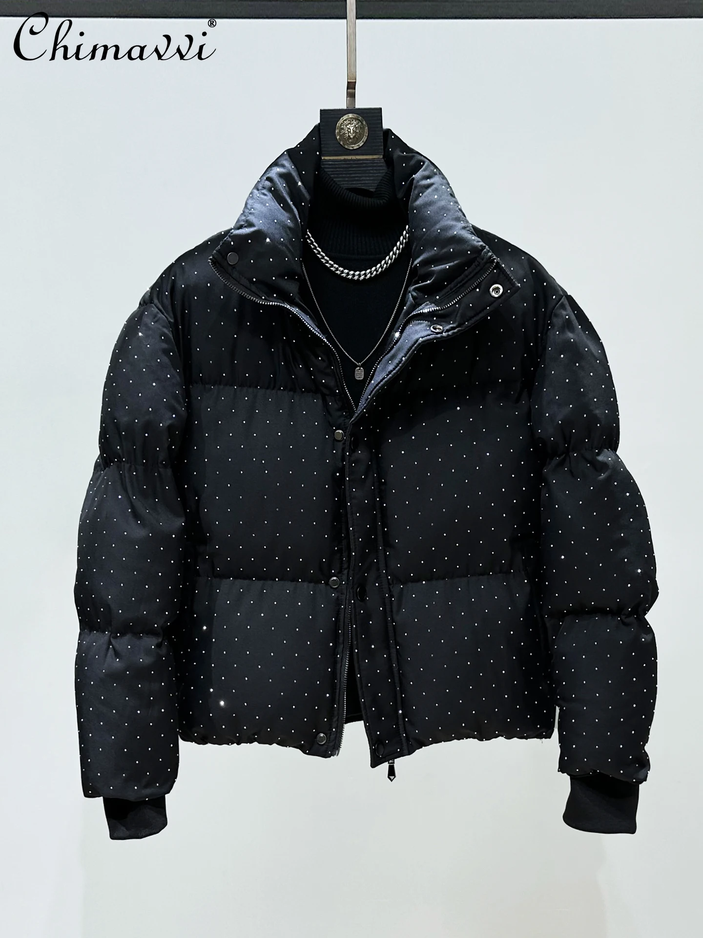 Original Korean Fashion High-end Full Diamond Stand Collar Puffer Jacket for Men Winter Thickened Warm Short Cotton Coat Parkas