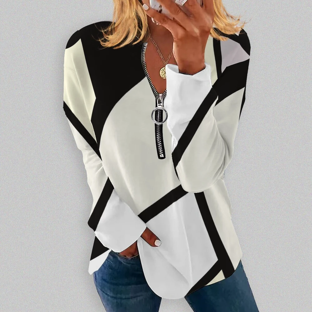 Women's Casual Geometric Print V-Neck Loose Long Sleeve T-Shirts Femme Autumn Zipper Tee Tops Office Lady High Street Clothing