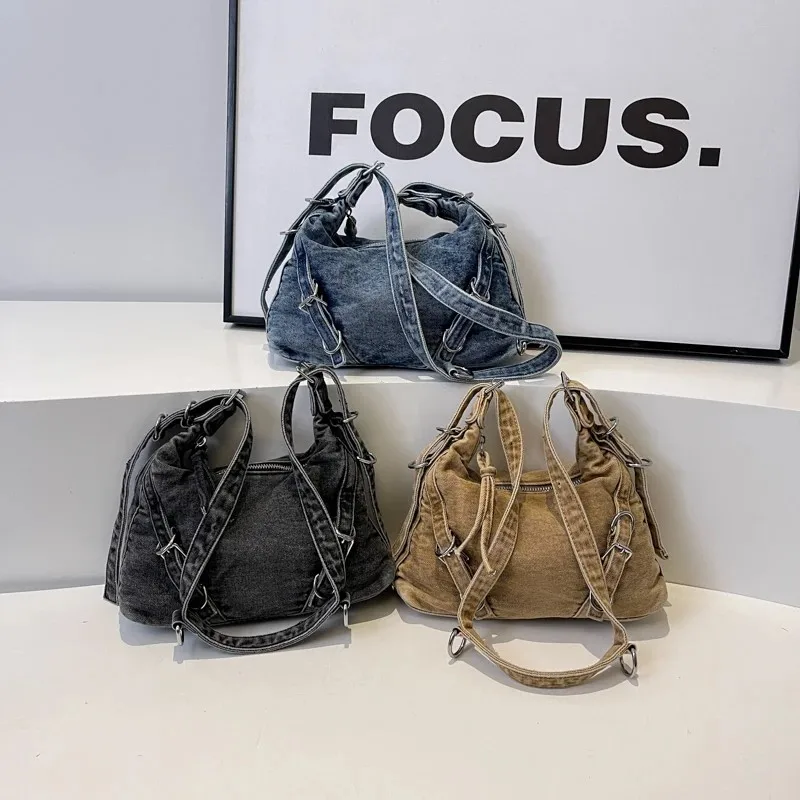 Belt Design Denim Shoulder Bag For Women Korean Fashion Luxury Underarm Bags 2024 New Y2k Retro Handbags Trend Crossbody Bag