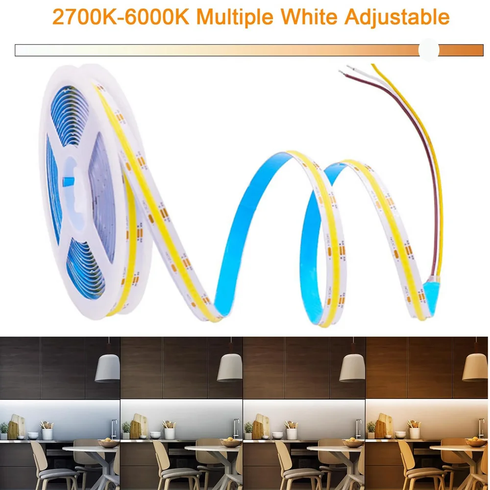 DC24V 2700K-6500K CCT COB FOB LED Strip Light 608LEDs/M Dimmable Flexible Ribbon LED Tape Room Decor Cabinet TV Backlight 1M-10M