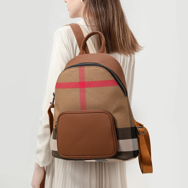 Canvas and Cowhide Leather Women Mini Backpack, Plaid Stripe Travel Backpack with Leather Pocket for Daily Use