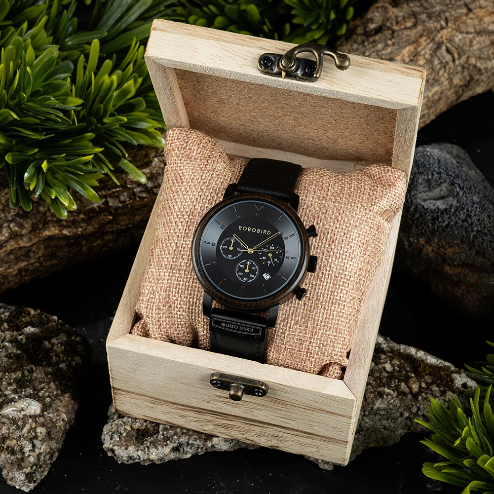 BOBO BIRD Inkiness Men's Watch Top Luxury Wooden Watches Engraved Quartz Chronograph Wristwatch with Date Display reloj madera