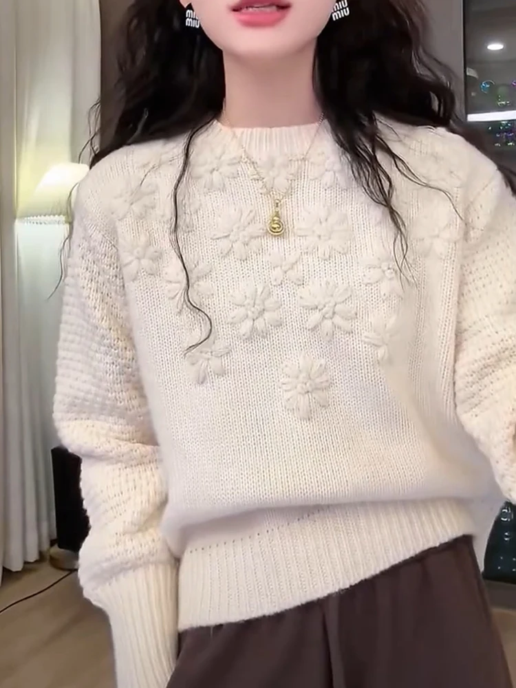 

Faionable Knitted Sweater Autumn Winter Casual Texture Embroidery Design Small Size Large plus Size Top Trendy round Ne S...