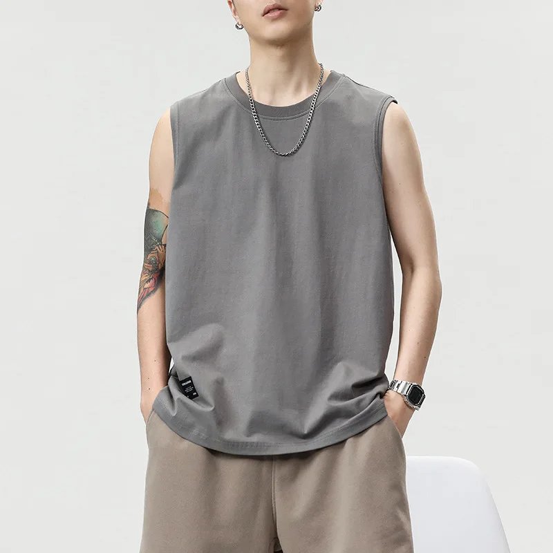 2024 Summer New Solid Color Tank Top Men's Trendy Brand Pure Cotton Sports Basketball Kam Shoulder Loose Sleeveless T-Shirt